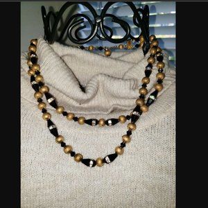 Vintage 1950-60s Costume Beads Black & Gold Bicone Rhinestone 2-Teired Necklace